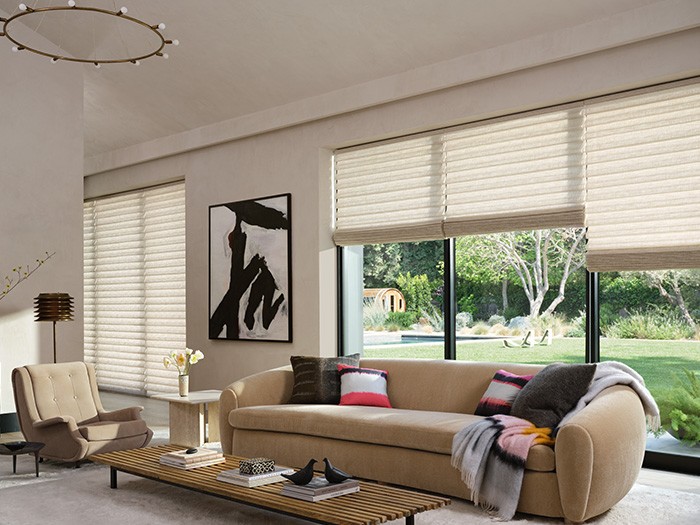 A living room with windows featuring Vignette® Modern Roman Shades Fabric: Rory  Color: Brushed Beige